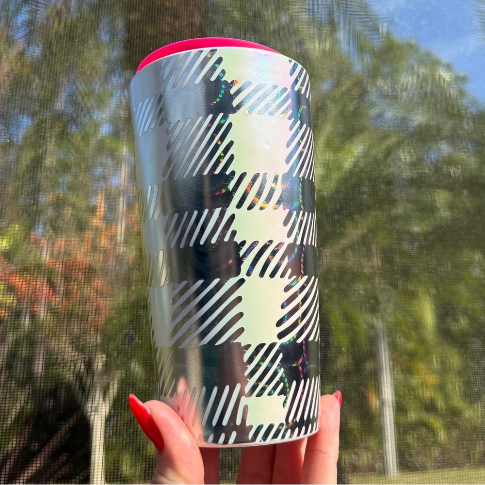 Starbucks Iridescent Luster Swirl Silver Plaid Ceramic Travel Mug Tumbler